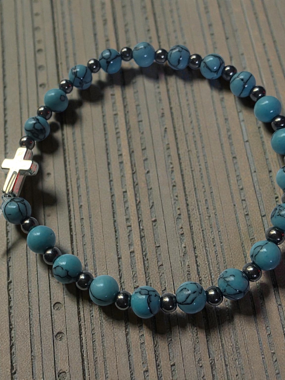 Handmade Turquoise and Hematite Cross Stretch Bracelet
